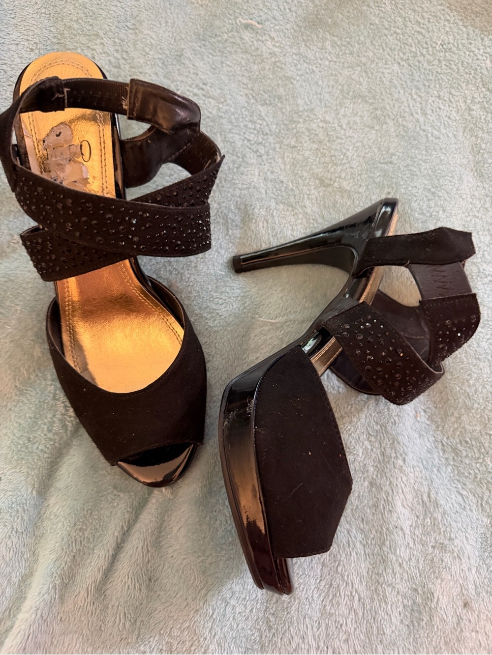 Impo Black Platform Peep-Toe Heels with Rhinestone Straps